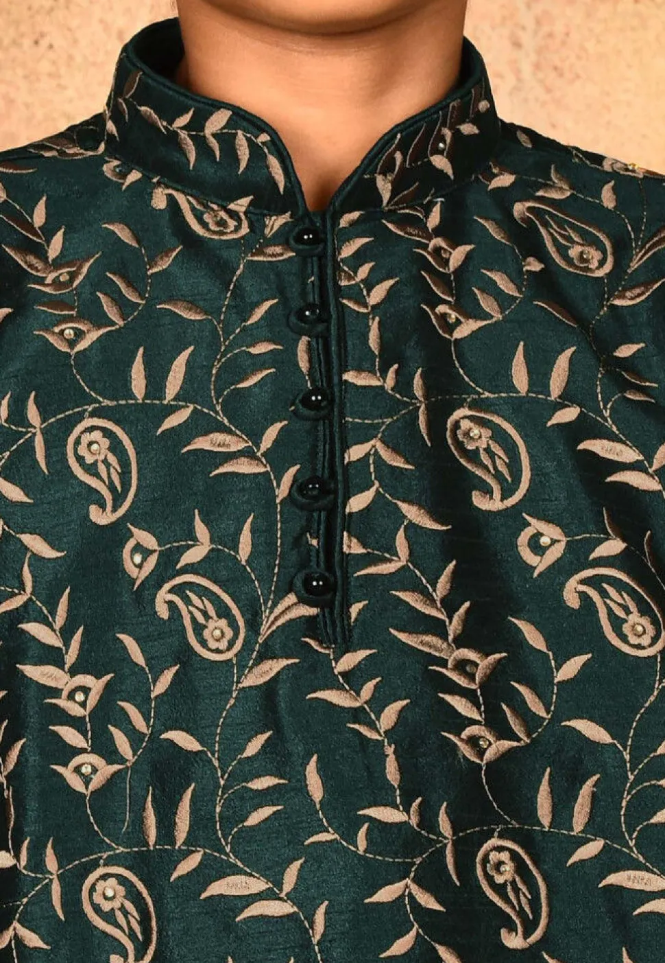 Embroidered Dupion Silk Kurta Set in Dark Green