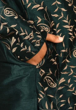 Embroidered Dupion Silk Kurta Set in Dark Green
