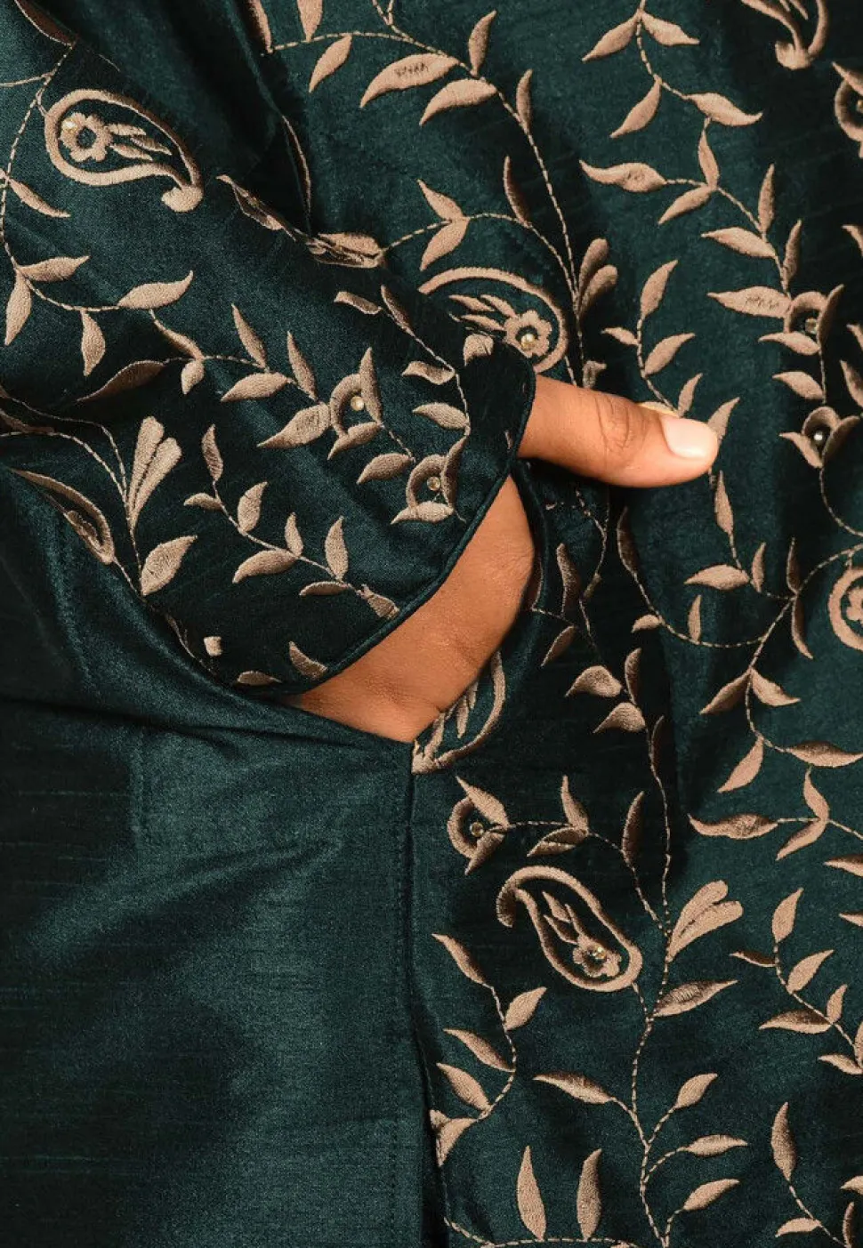 Embroidered Dupion Silk Kurta Set in Dark Green