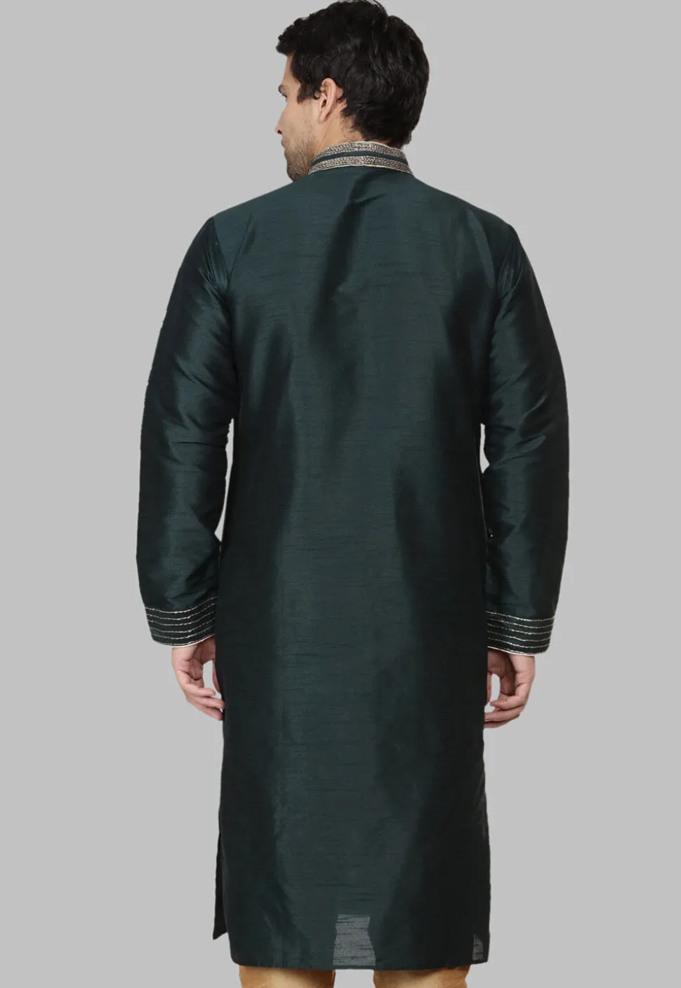 Embroidered Dupion Silk Kurta in Dark Green