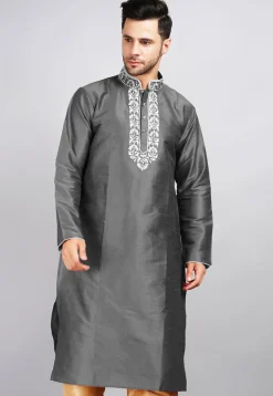 Embroidered Dupion Silk Kurta in Dark Grey