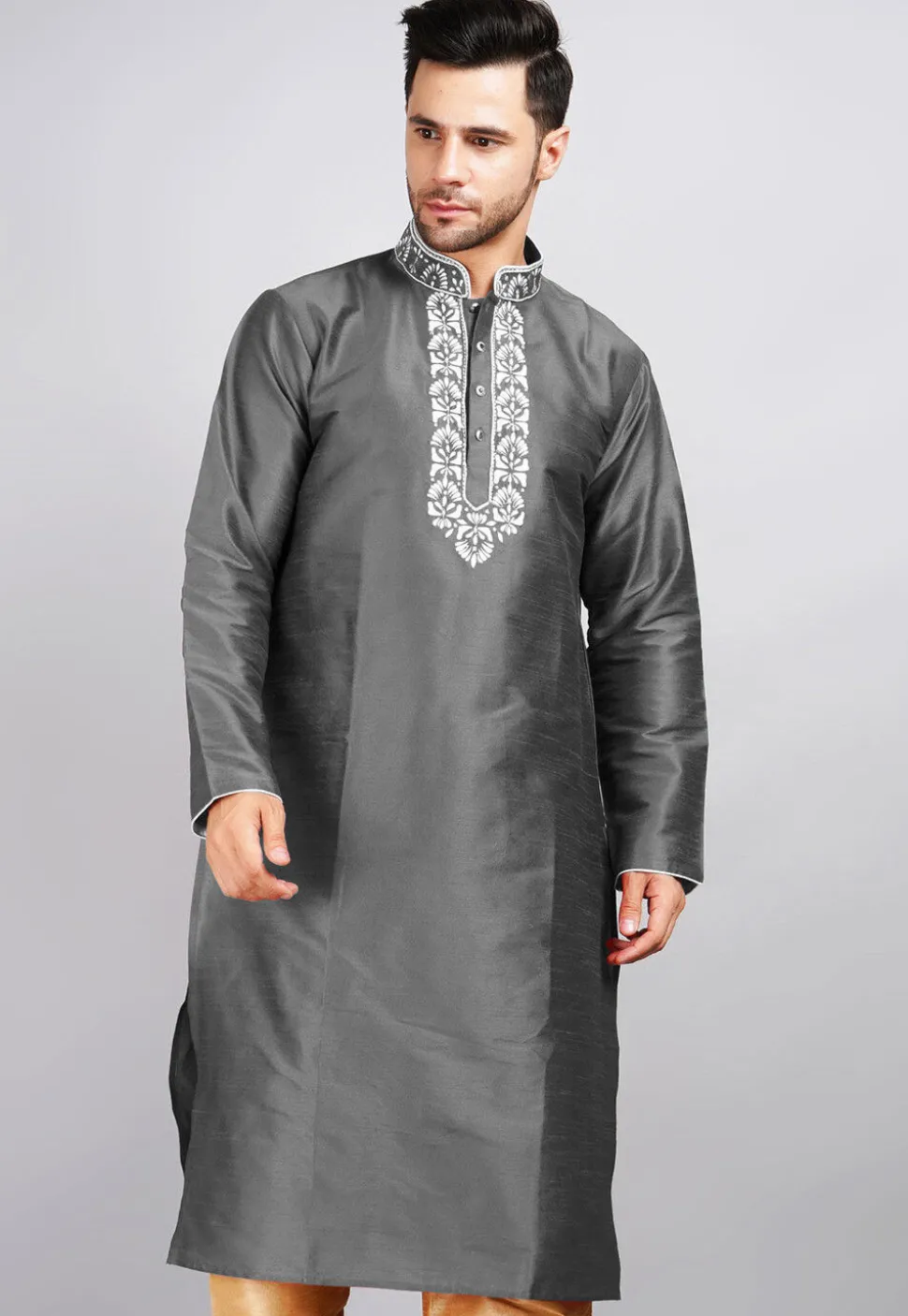 Embroidered Dupion Silk Kurta in Dark Grey