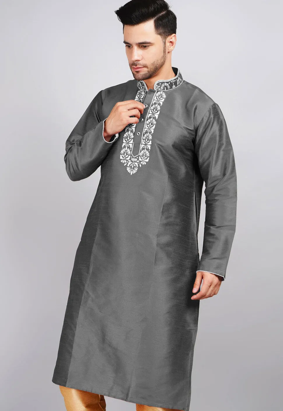Embroidered Dupion Silk Kurta in Dark Grey