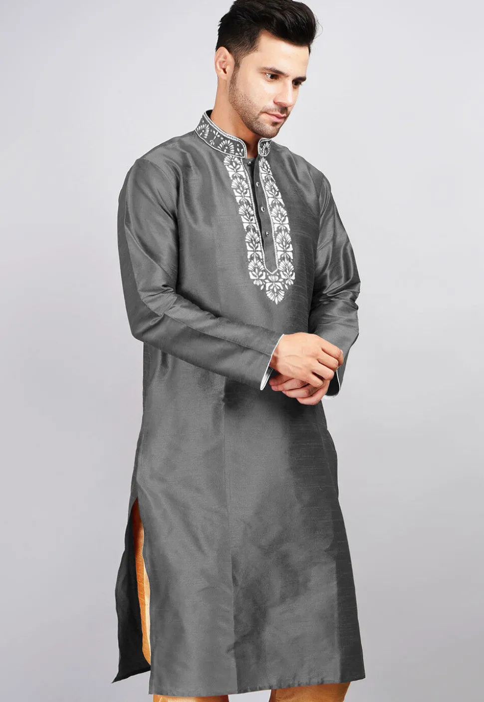 Embroidered Dupion Silk Kurta in Dark Grey