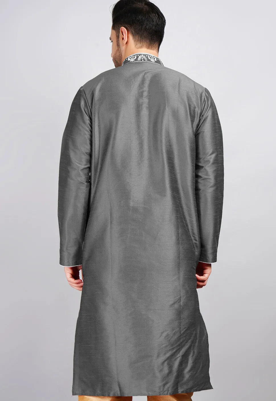 Embroidered Dupion Silk Kurta in Dark Grey