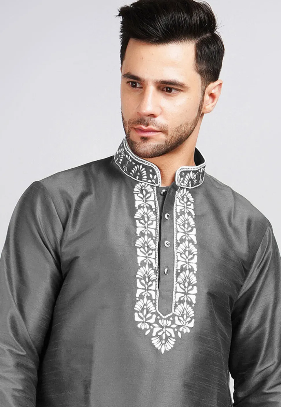 Embroidered Dupion Silk Kurta in Dark Grey