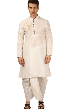 Embroidered Dupion Silk Kurta Set in Off White