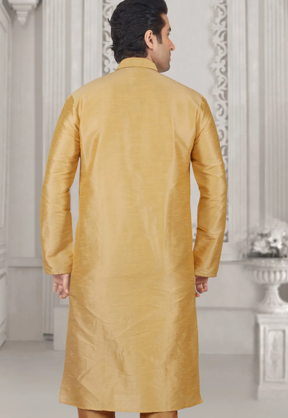 Embroidered Dupion Silk Kurta in Light Beige