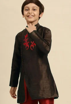 Embroidered Dupion Silk Kurta in Dark Brown
