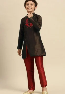 Embroidered Dupion Silk Kurta in Dark Brown