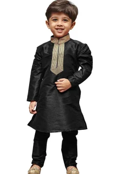 Embroidered Dupion Silk Kurta Set in Black