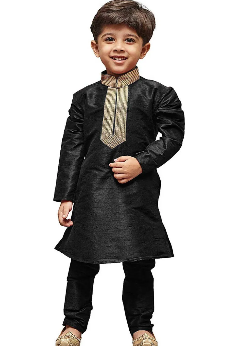 Embroidered Dupion Silk Kurta Set in Black
