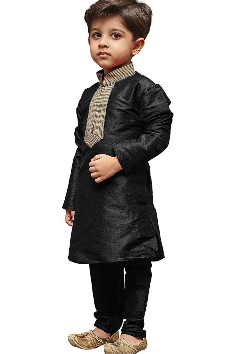 Embroidered Dupion Silk Kurta Set in Black