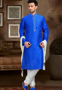 Embroidered Dupion Silk Kurta Set in Royal Blue