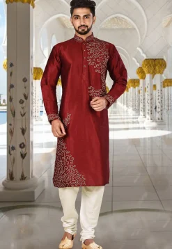 Embroidered Dupion Silk Kurta Set in Maroon and White