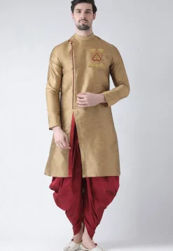 Embroidered Dupion Silk Kurta Set in Beige