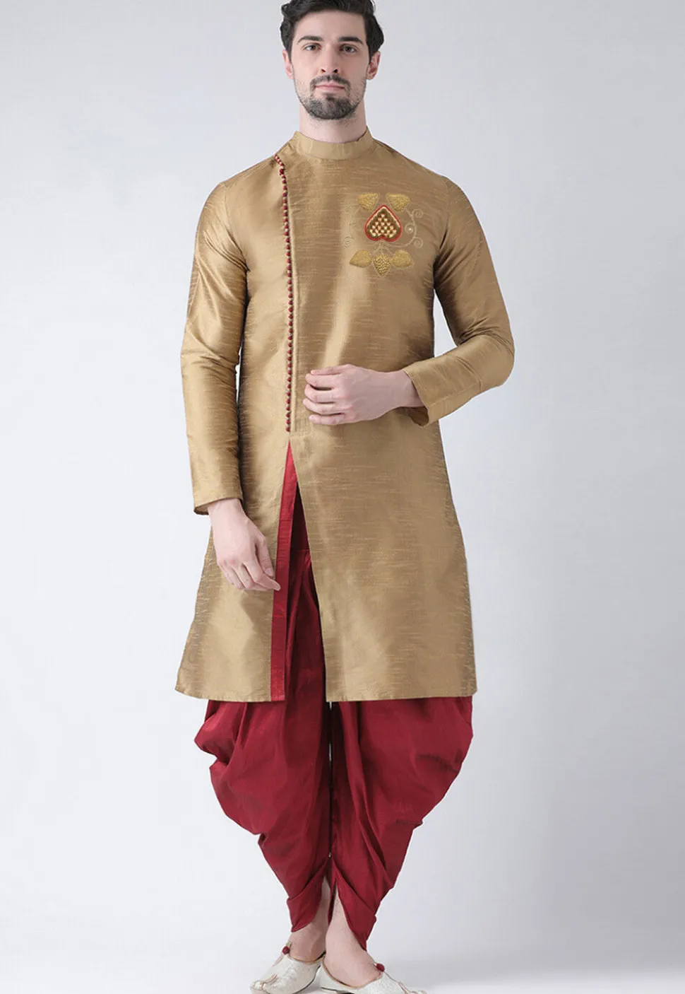 Embroidered Dupion Silk Kurta Set in Beige