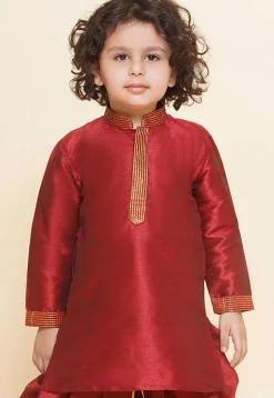 Embroidered Dupion Silk Kurta in Maroon