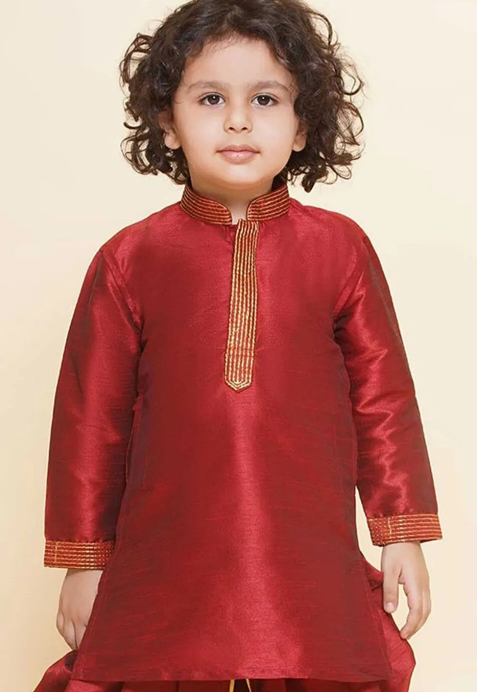Embroidered Dupion Silk Kurta in Maroon