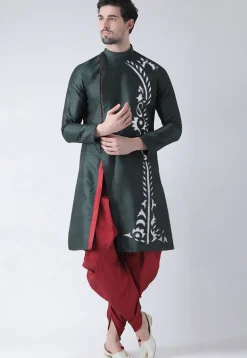 Embroidered Dupion Silk Kurta Set in Dark Grey