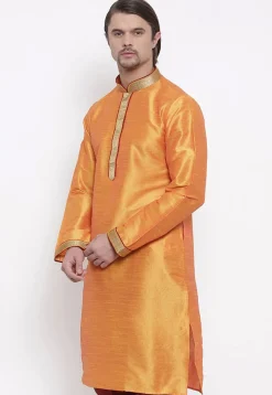 Embroidered Dupion Silk Kurta in Orange