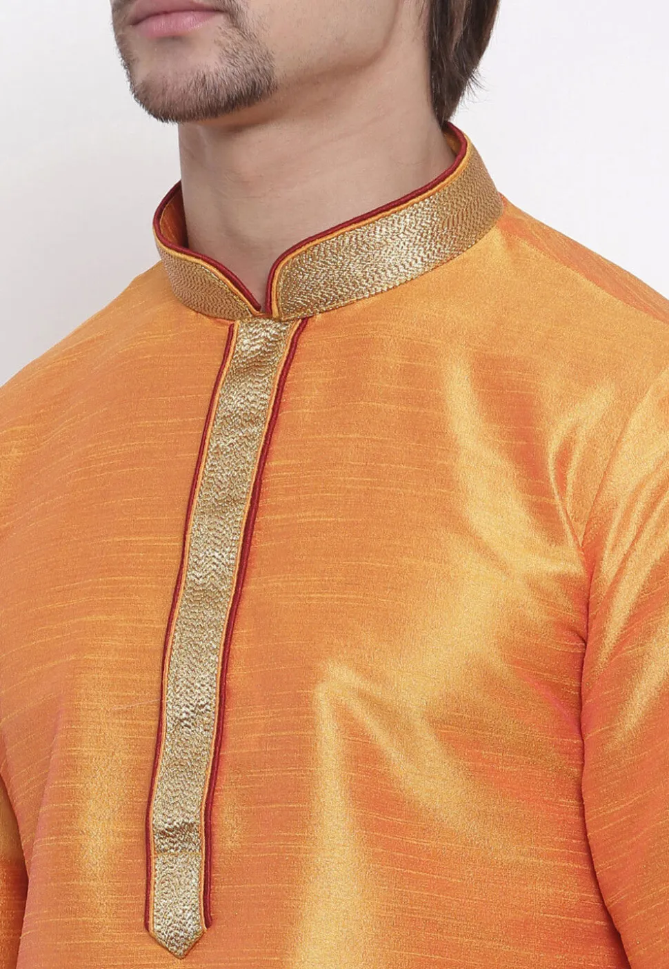 Embroidered Dupion Silk Kurta in Orange