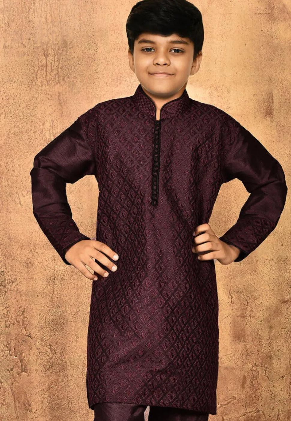 Embroidered Dupion Silk Kurta in Wine