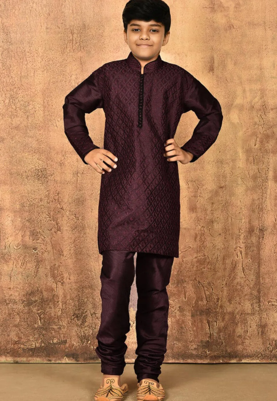 Embroidered Dupion Silk Kurta in Wine