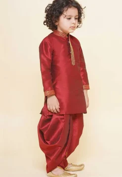 Embroidered Dupion Silk Kurta Set in Maroon