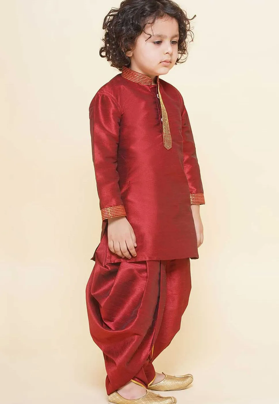 Embroidered Dupion Silk Kurta Set in Maroon