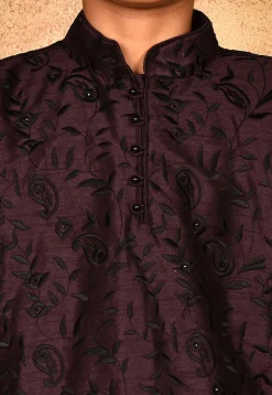 Embroidered Dupion Silk Kurta Set in Wine