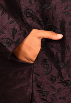 Embroidered Dupion Silk Kurta Set in Wine