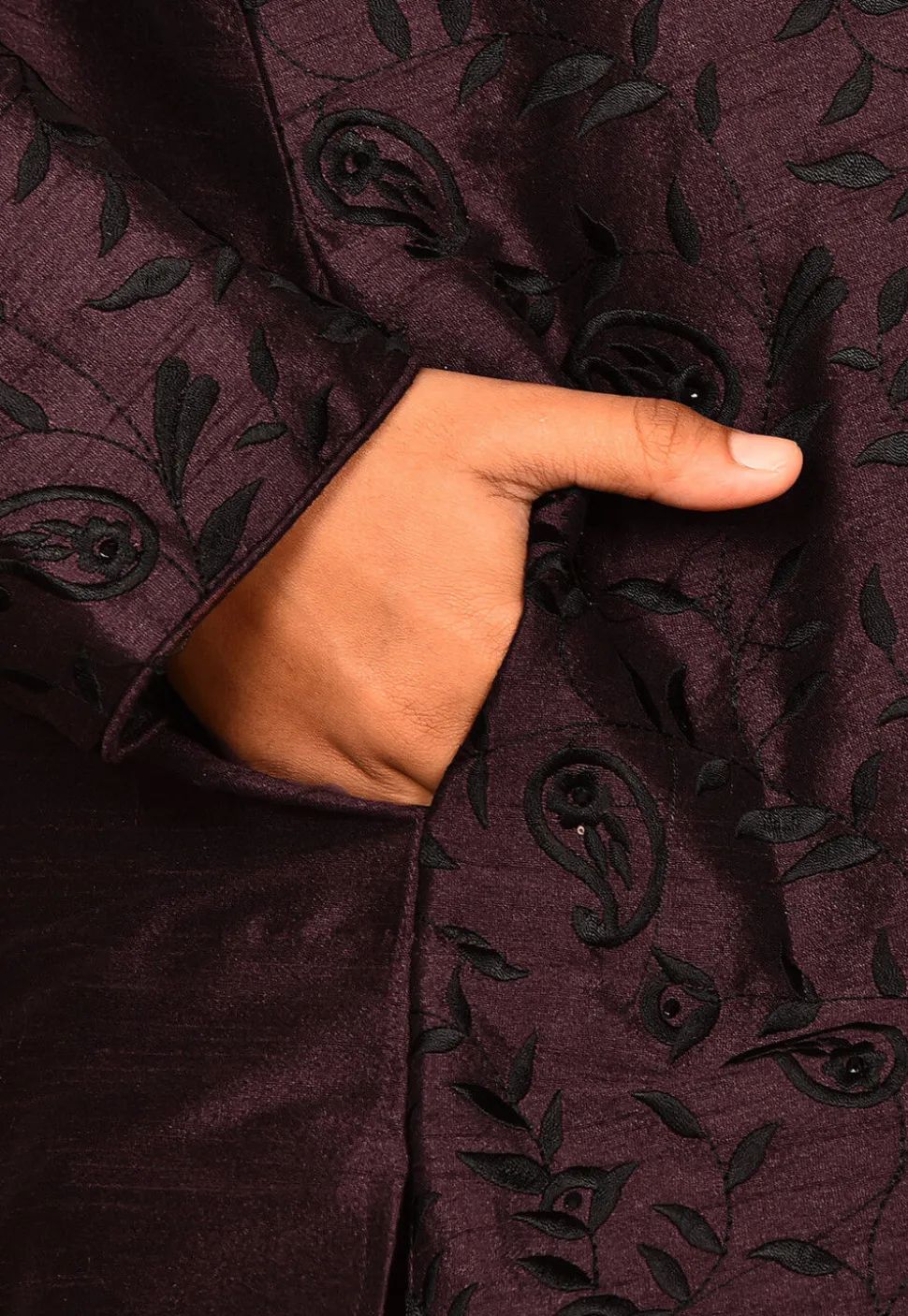 Embroidered Dupion Silk Kurta Set in Wine
