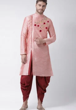 Embroidered Dupion Silk Kurta Set in Peach