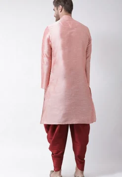 Embroidered Dupion Silk Kurta Set in Peach