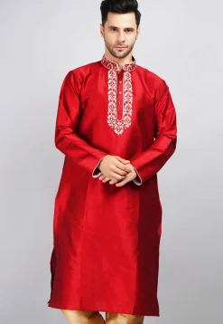 Embroidered Dupion Silk Kurta in Red