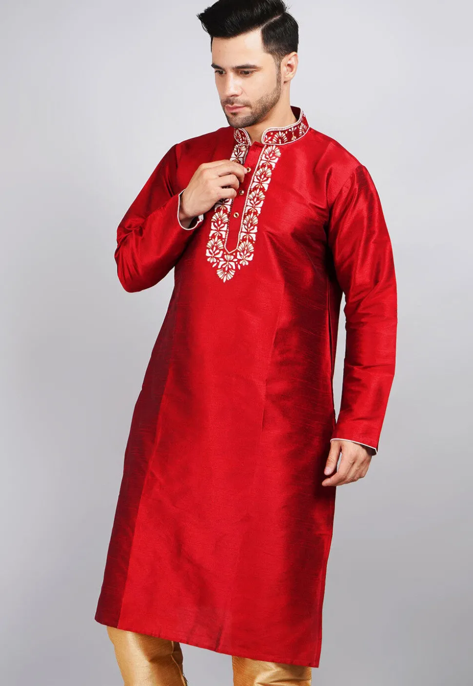 Embroidered Dupion Silk Kurta in Red