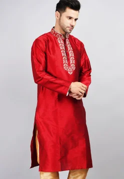 Embroidered Dupion Silk Kurta in Red