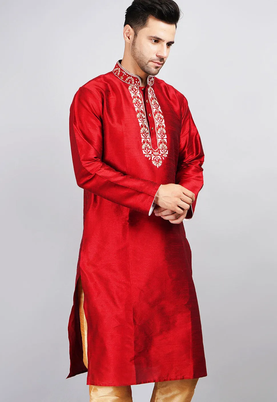 Embroidered Dupion Silk Kurta in Red