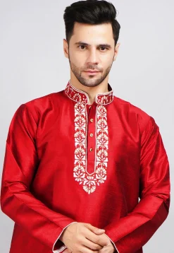 Embroidered Dupion Silk Kurta in Red