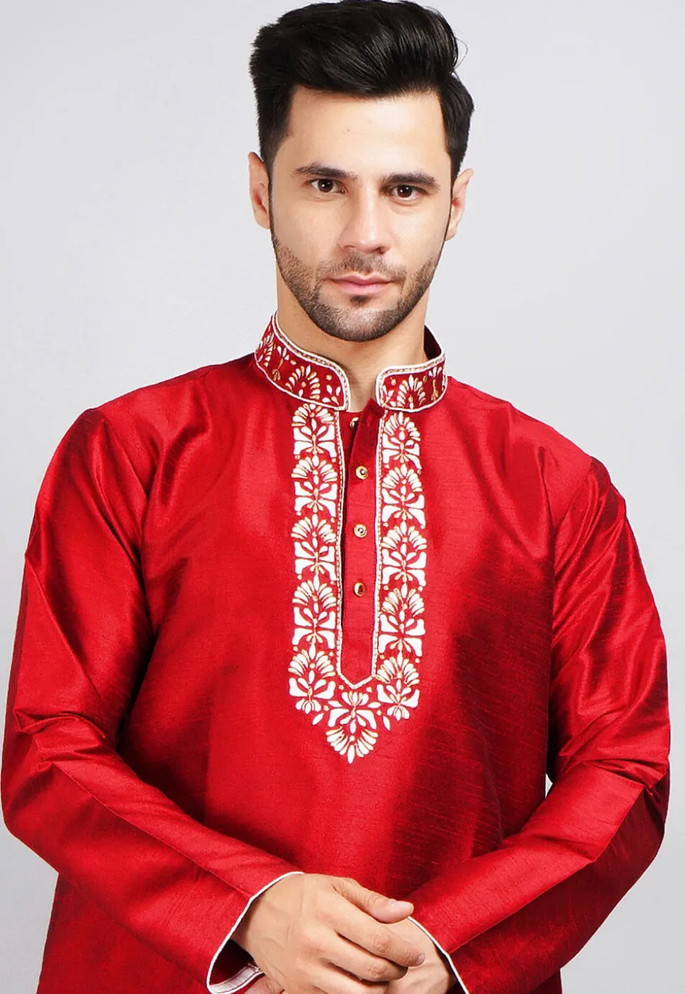 Embroidered Dupion Silk Kurta in Red