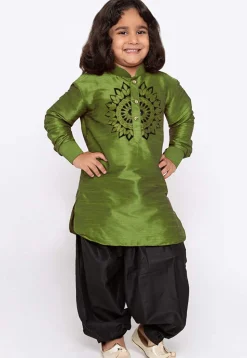 Embroidered Dupion Silk Kurta Set in Olive Green