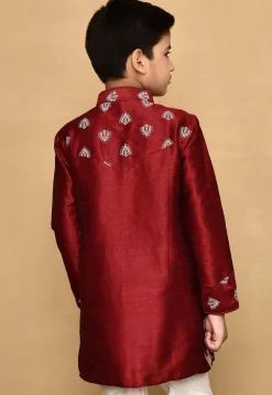 Embroidered Dupion Silk Kurta in Maroon