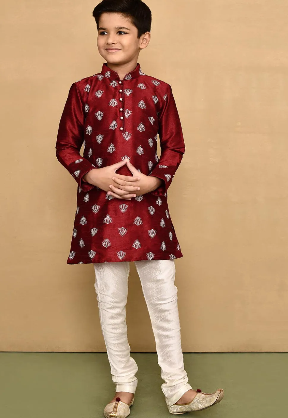 Embroidered Dupion Silk Kurta in Maroon