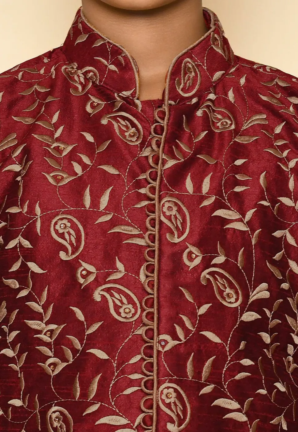 Embroidered Dupion Silk Kurta in Maroon