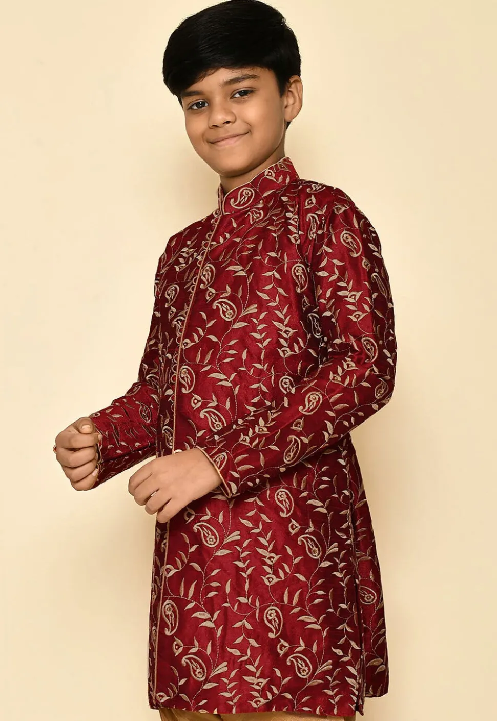 Embroidered Dupion Silk Kurta in Maroon