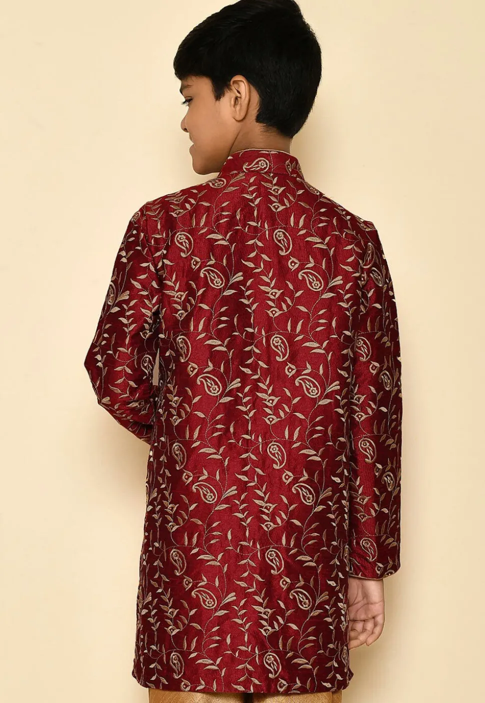 Embroidered Dupion Silk Kurta in Maroon