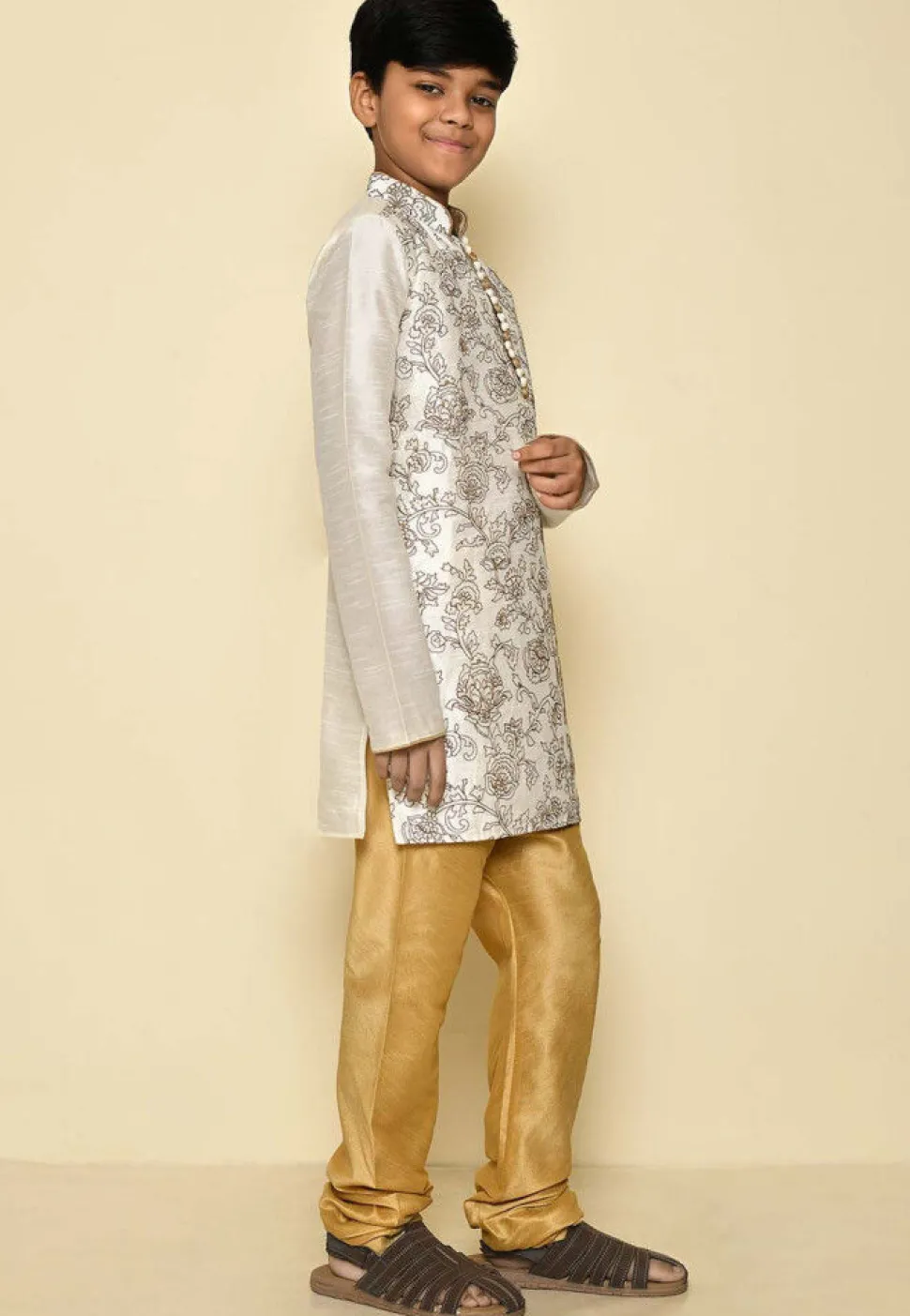 Embroidered Dupion Silk Kurta Set in Cream