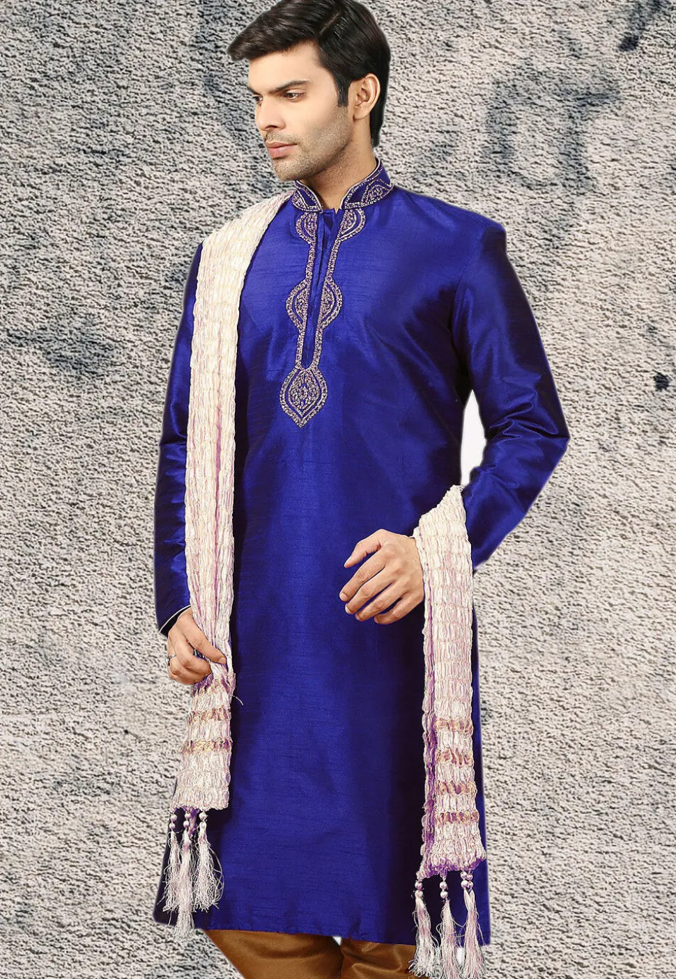 Embroidered Dupion Silk Kurta in Royal Blue