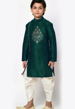 Embroidered Dupion Silk Kurta Set in Dark Green